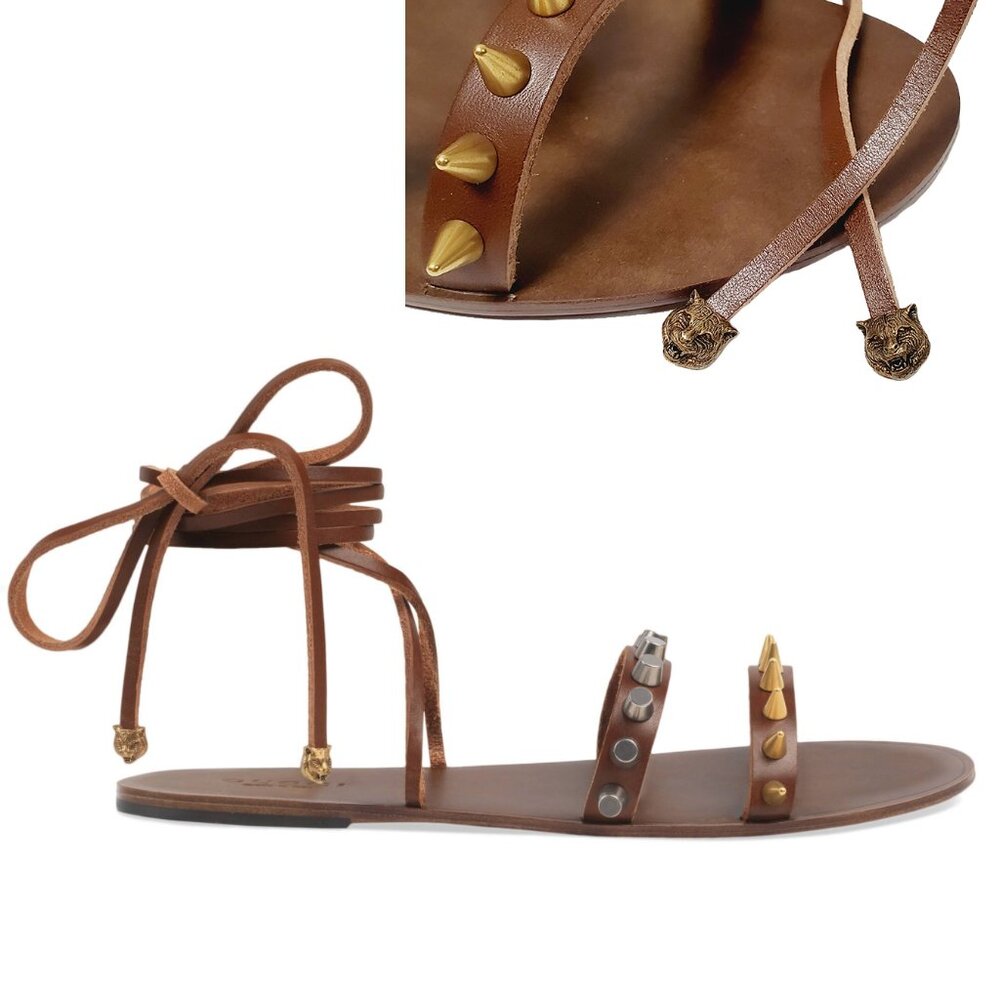 GUCCI SHOES MENS LACE UP FLAT SANDALS BROWN LEATHER STUDS FELINE sz 8 8.5